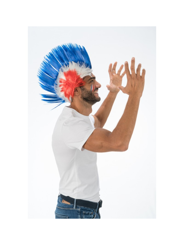 Perruque crête Supporter France tricolore – Accessoire fan bleu blanc rouge