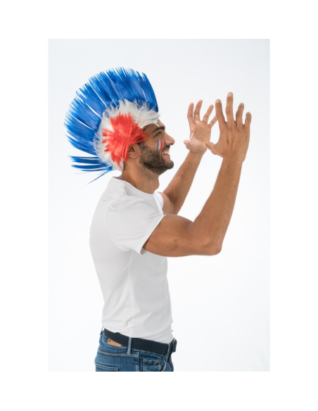 Perruque crête Supporter France tricolore – Accessoire fan bleu blanc rouge