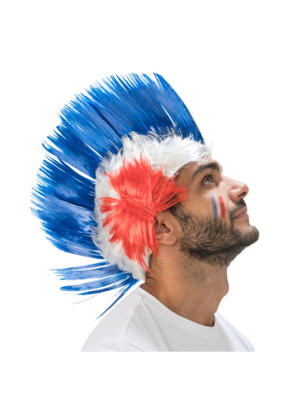 Perruque crête Supporter France tricolore – Accessoire fan bleu blanc rouge
