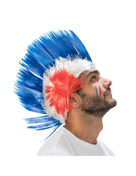 Perruque crête Supporter France tricolore – Accessoire fan bleu blanc rouge