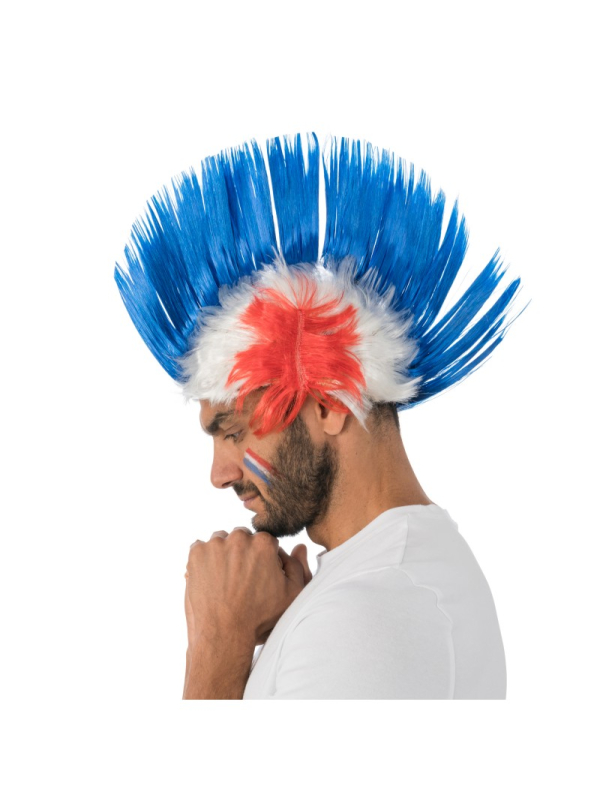Perruque crête Supporter France tricolore – Accessoire fan bleu blanc rouge