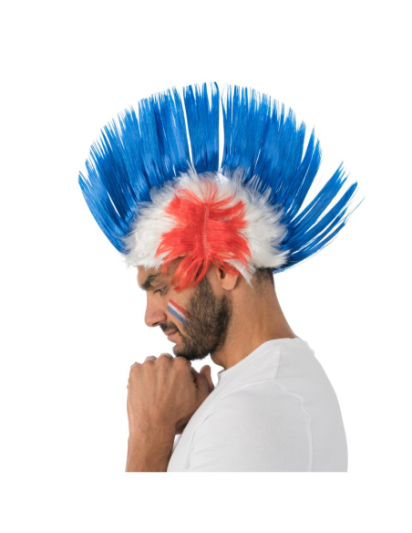 Perruque crête Supporter France tricolore – Accessoire fan bleu blanc rouge