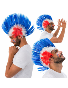 Perruque crête Supporter France tricolore – Accessoire fan bleu blanc rouge