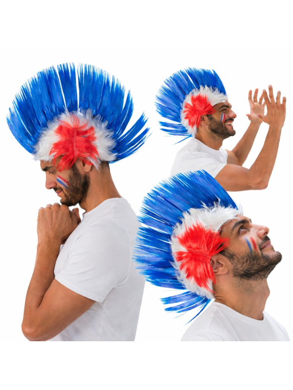 Perruque crête Supporter France tricolore – Accessoire fan bleu blanc rouge