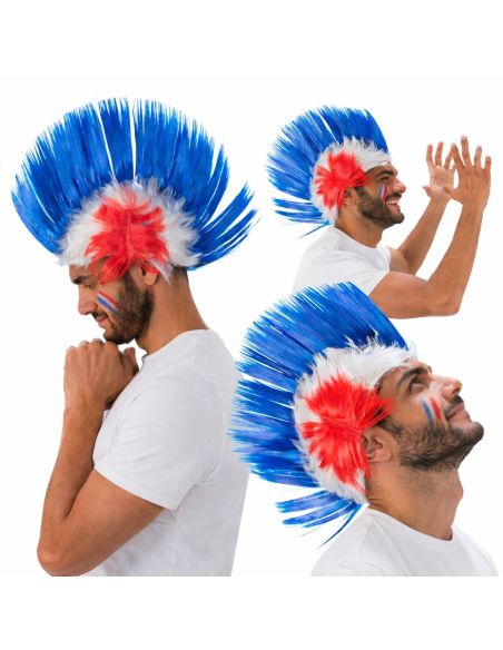 Perruque crête Supporter France tricolore – Accessoire fan bleu blanc rouge