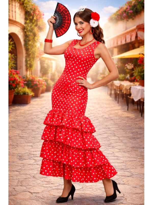 Déguisement espagnole femme – Robe flamenca rouge à pois blancs