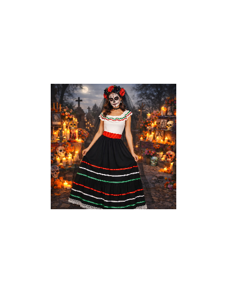 Déguisement mexicaine femme – Robe longue folklorique noire, blanche, rouge et verte