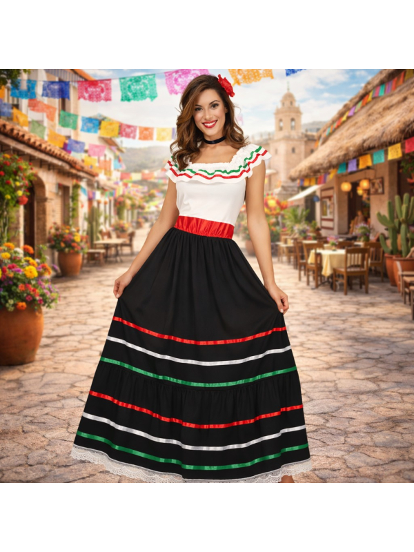 Déguisement mexicaine femme – Robe longue folklorique noire, blanche, rouge et verte