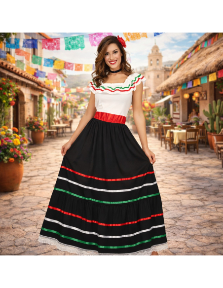 Déguisement mexicaine femme – Robe longue folklorique noire, blanche, rouge et verte