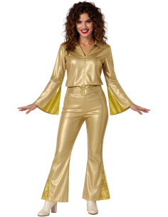 Déguisement Gold Disco femme – Ensemble doré années 70 avec chemise, pantalon et ceinture 2