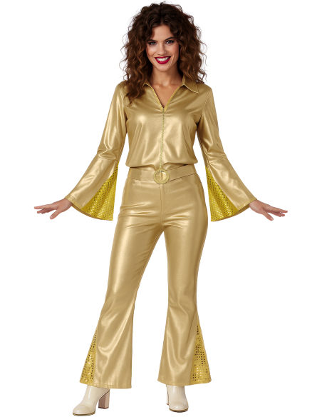 Déguisement Gold Disco femme – Ensemble doré années 70 avec chemise, pantalon et ceinture