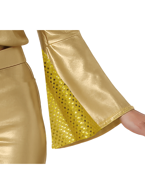 Déguisement Gold Disco femme – Ensemble doré années 70 avec chemise, pantalon et ceinture