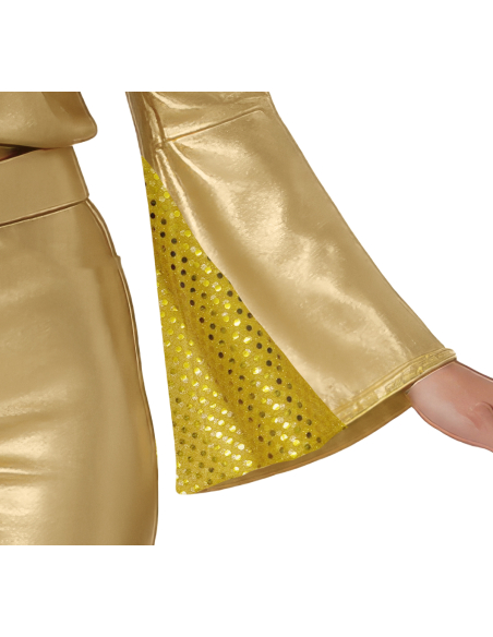 Déguisement Gold Disco femme – Ensemble doré années 70 avec chemise, pantalon et ceinture