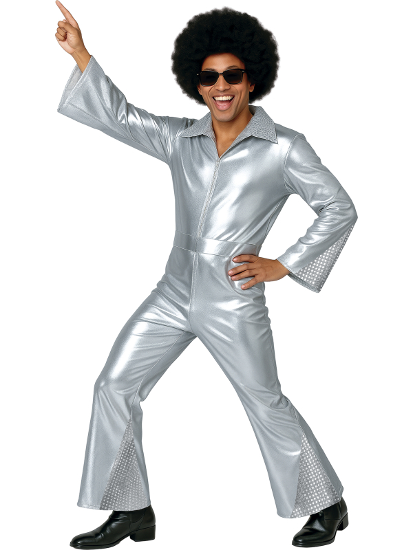 Déguisement Disco argent homme – Combinaison brillante avec ceinture