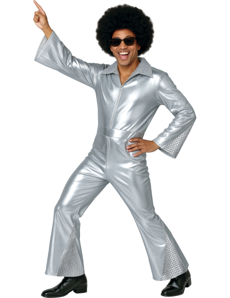 Déguisement Disco argent homme – Combinaison brillante avec ceinture