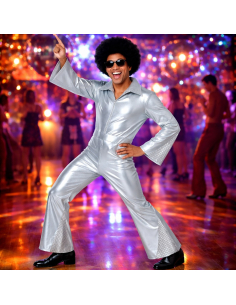 Déguisement Disco argent homme – Combinaison brillante avec ceinture