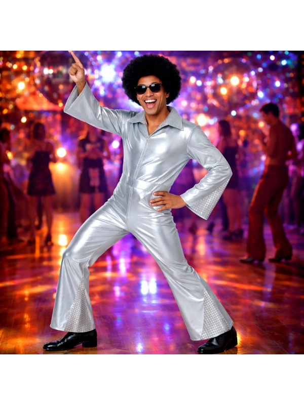 Déguisement Disco argent homme – Combinaison brillante avec ceinture