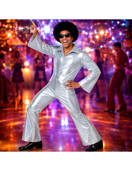Déguisement Disco argent homme – Combinaison brillante avec ceinture