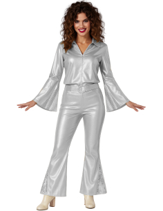 Déguisement disco femme argent – Ensemble Silver Disco avec chemise, pantalon et ceinture 2