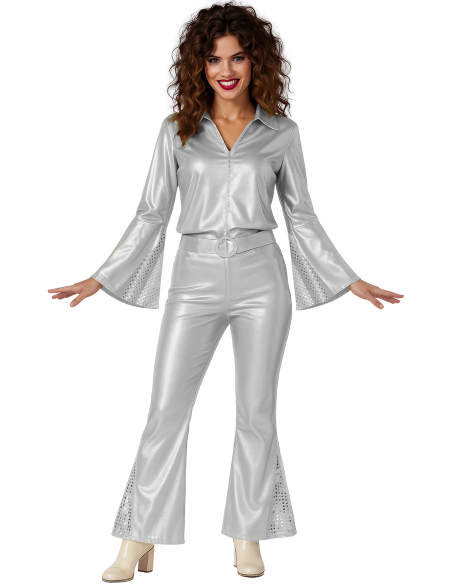 Déguisement disco femme argent – Ensemble Silver Disco avec chemise, pantalon et ceinture