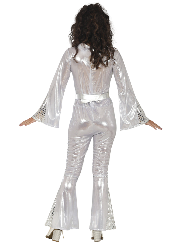 Déguisement disco femme argent – Ensemble Silver Disco avec chemise, pantalon et ceinture
