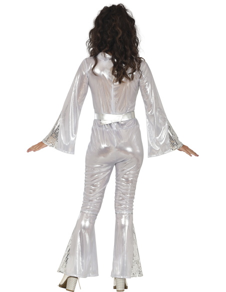 Déguisement disco femme argent – Ensemble Silver Disco avec chemise, pantalon et ceinture