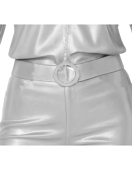 Déguisement disco femme argent – Ensemble Silver Disco avec chemise, pantalon et ceinture