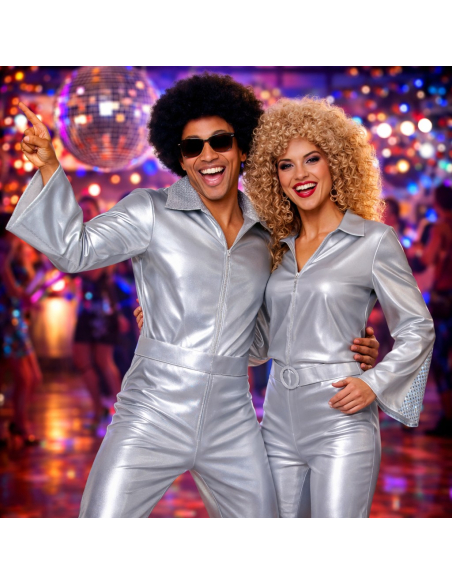 Déguisement disco femme argent – Ensemble Silver Disco avec chemise, pantalon et ceinture