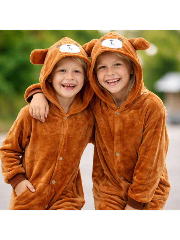 Déguisement ours brun en peluche enfant – Combinaison à capuche tête d’ourson