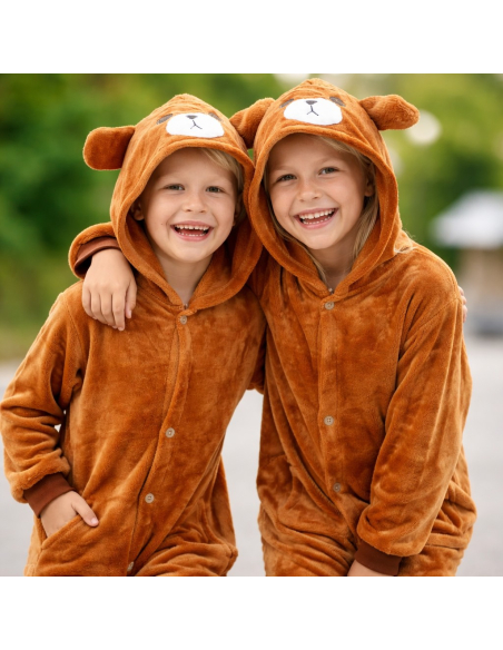 Déguisement ours brun en peluche enfant – Combinaison à capuche tête d’ourson