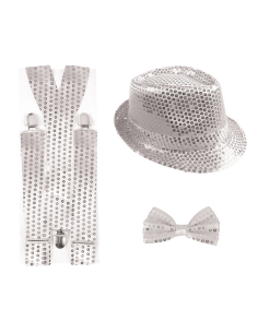 Set Accessoires Disco Argent à Sequins – Chapeau, Bretelles et Nœud Papillon 2