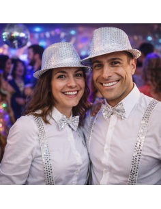 Set Accessoires Disco Argent à Sequins – Chapeau, Bretelles et Nœud Papillon