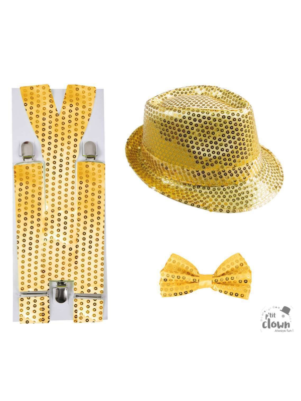Set Accessoires Disco Or à Sequins – Chapeau, Bretelles et Nœud Papillon
