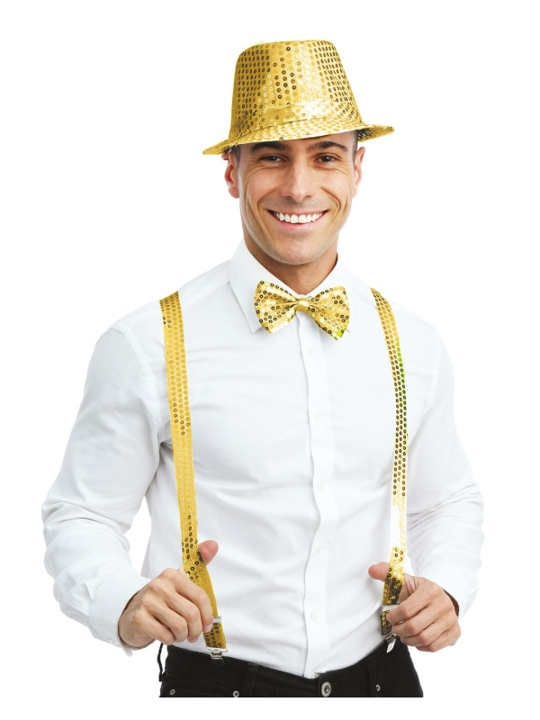 Set Accessoires Disco Or à Sequins – Chapeau, Bretelles et Nœud Papillon