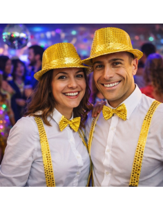 Set Accessoires Disco Or à Sequins – Chapeau, Bretelles et Nœud Papillon