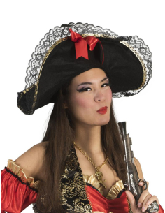 Chapeau pirate femme tricorne noir en tissu velours avec dentelle et ruban rouge 2