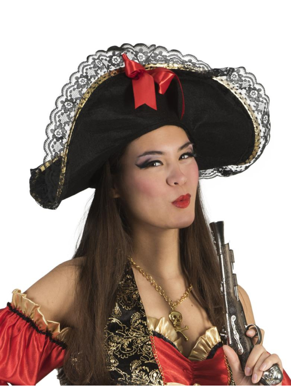 Chapeau pirate femme tricorne noir en tissu velours avec dentelle et ruban rouge