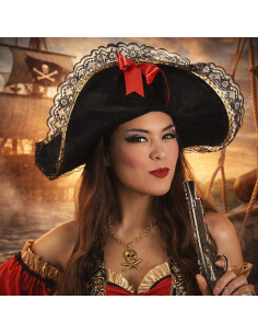 Chapeau pirate femme tricorne noir en tissu velours avec dentelle et ruban rouge