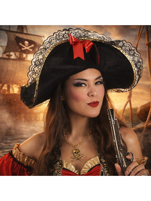 Chapeau pirate femme tricorne noir en tissu velours avec dentelle et ruban rouge