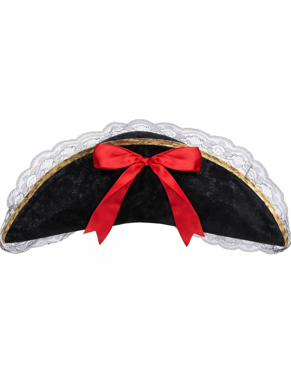 Chapeau pirate femme tricorne noir en tissu velours avec dentelle et ruban rouge
