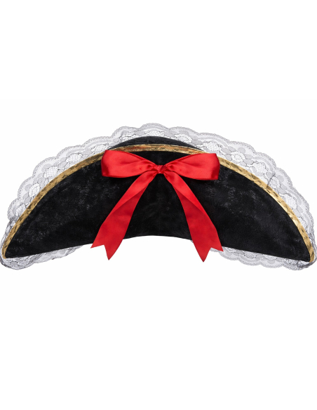 Chapeau pirate femme tricorne noir en tissu velours avec dentelle et ruban rouge