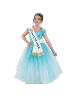 Déguisement Miss France® enfant robe bleue – Costume officiel avec écharpe et couronne (128 cm, 140 cm)