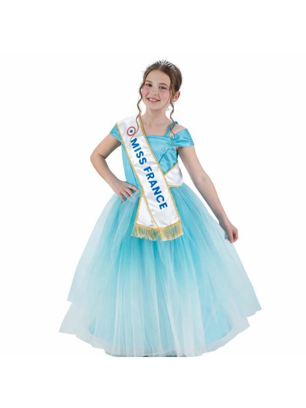 Déguisement Miss France® enfant robe bleue – Costume officiel avec écharpe et couronne (128 cm, 140 cm)