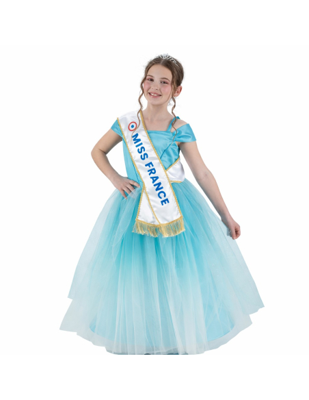 Déguisement Miss France® enfant robe bleue – Costume officiel avec écharpe et couronne (128 cm, 140 cm)