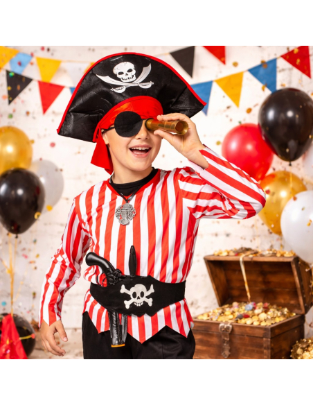 Déguisement pirate enfant rouge et noir – Costume garçon avec cache-œil et chapeau 140 cm