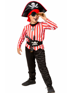 Déguisement pirate enfant rouge et noir – Costume garçon avec cache-œil et chapeau 140 cm