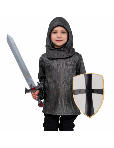 Déguisement chevalier enfant – Tunique et cagoule cotte de maille grise
