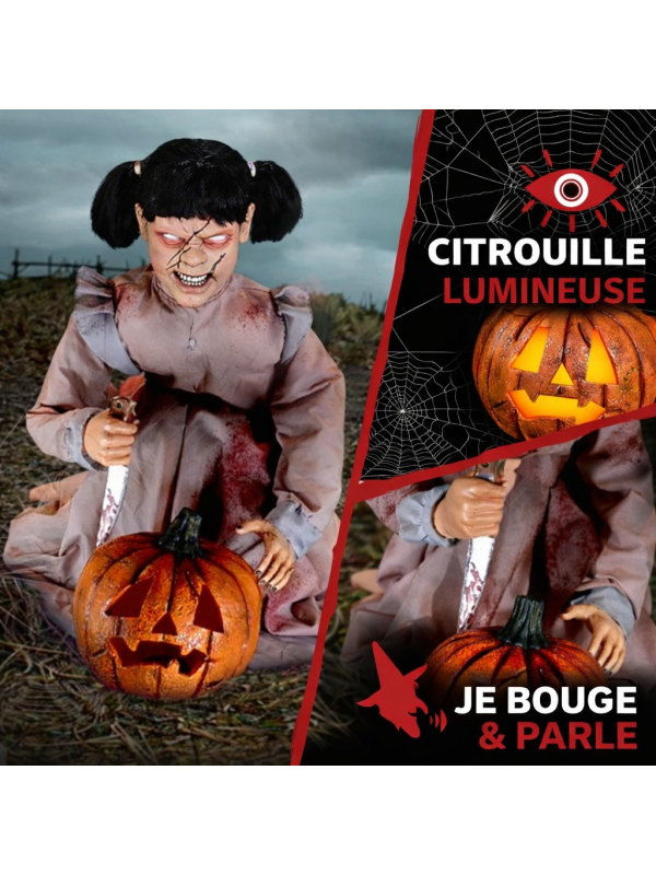 Automate Halloween Fille Zombie Sculptrice de Citrouille Bondissante – Exclusivité Déguiz-Fêtes
