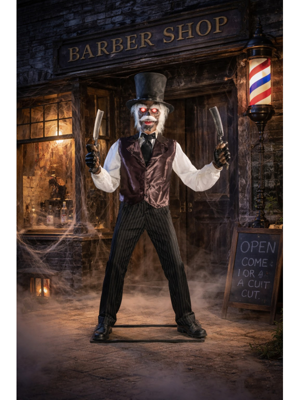 Zombie Barbier Animatronic 213 cm – Décoration Halloween avec Effet LED et Mouvement Animée