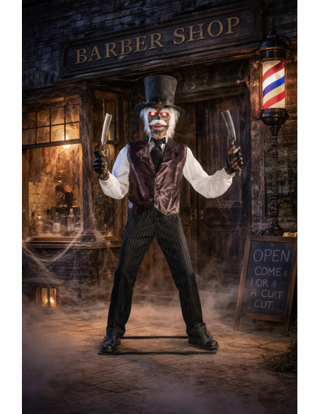 Zombie Barbier Animatronic 213 cm – Décoration Halloween avec Effet LED et Mouvement Animée